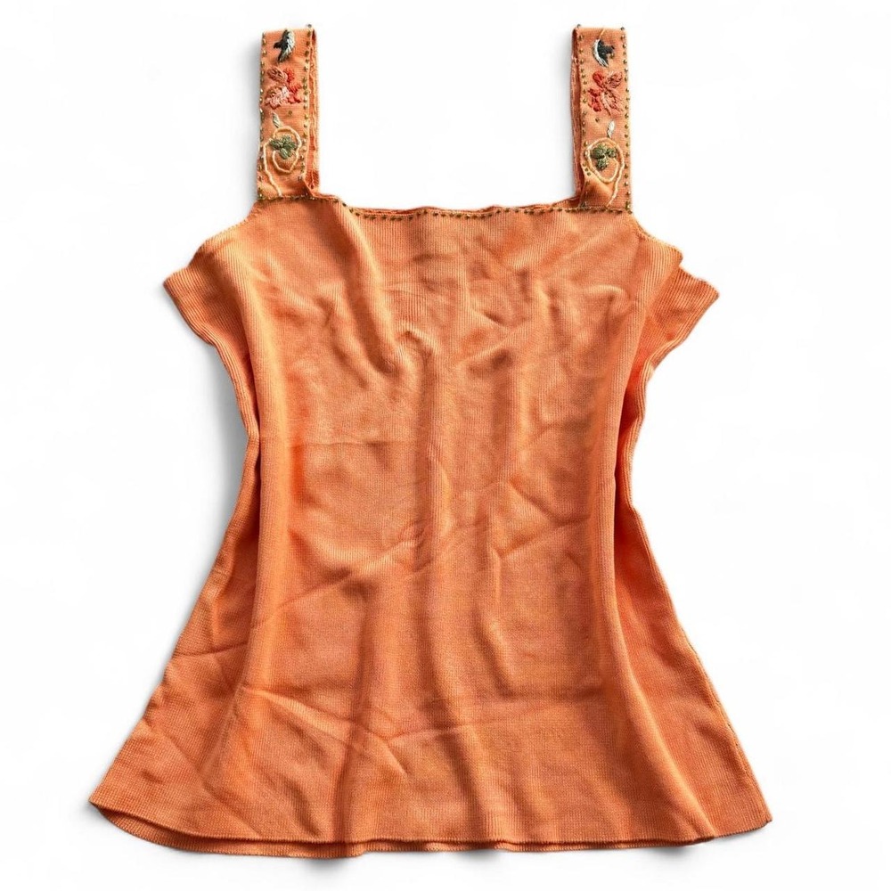 Y2K Cabo orange boho tank top with beaded and floral embroidered straps